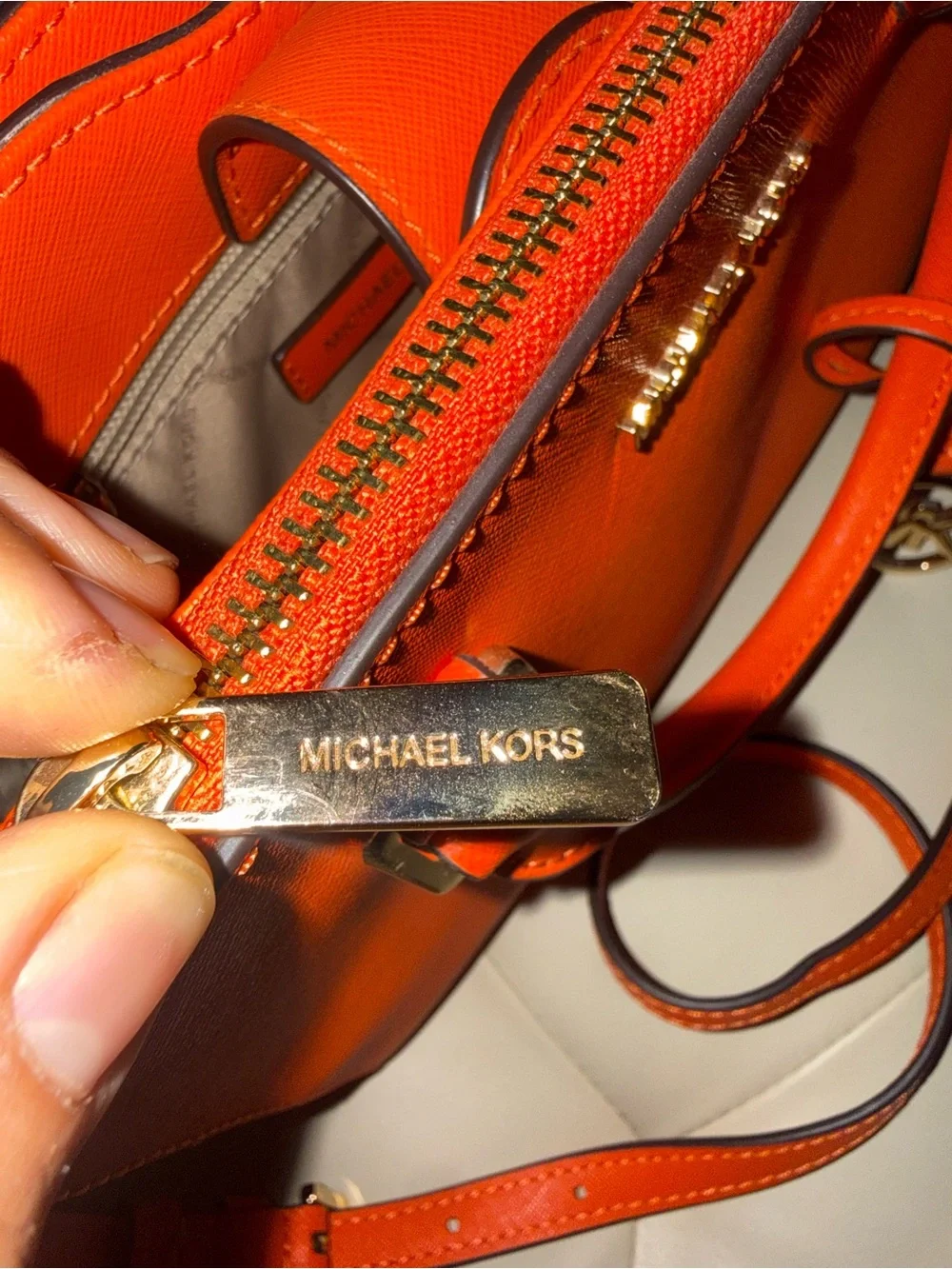 Michael Kors Orange Saffiano Satchel with Gold Hardware